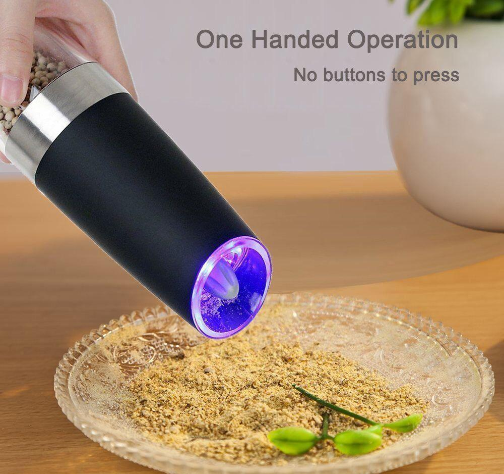 Conjunto de Moedores de Sal e Pimenta Elétricos de Gravidade em Aço Inoxidável Preto com Luz Azul