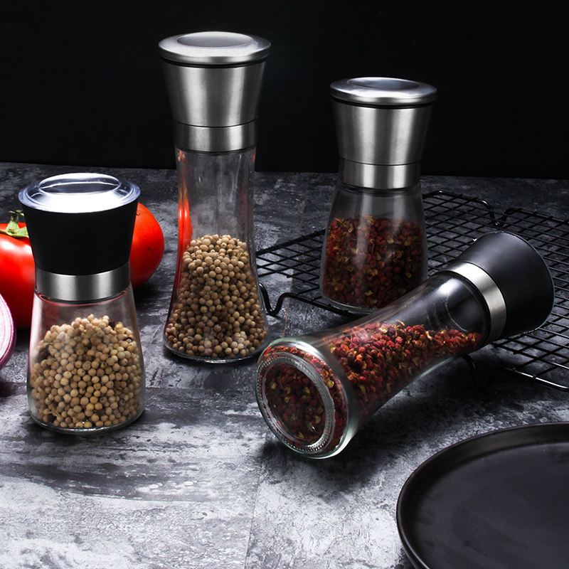 Moedor de Sal e Especiarias de Aço Inoxidável para Cozinha, Manual de Pimenta em Vidro