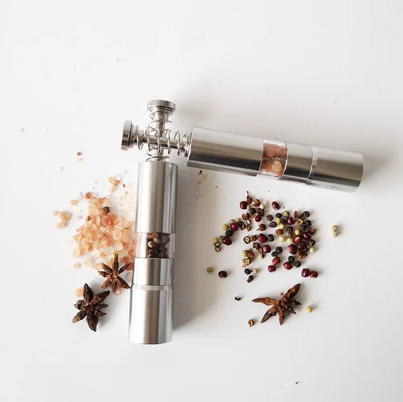 Moedor de Sal e Pimenta Portátil Mini de Uma Mão, Moedor de Especiarias com Botão, Aço Inoxidável