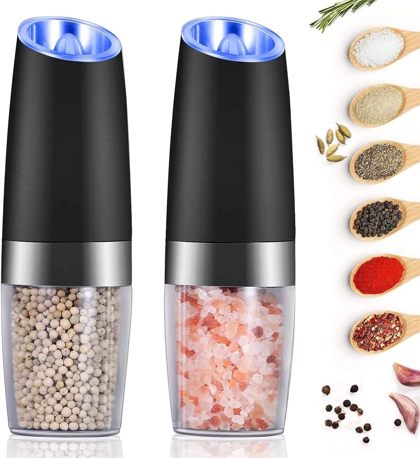 Battery Powered with LED Light Electric Gravity Automatic Pepper and Salt Grinder Set