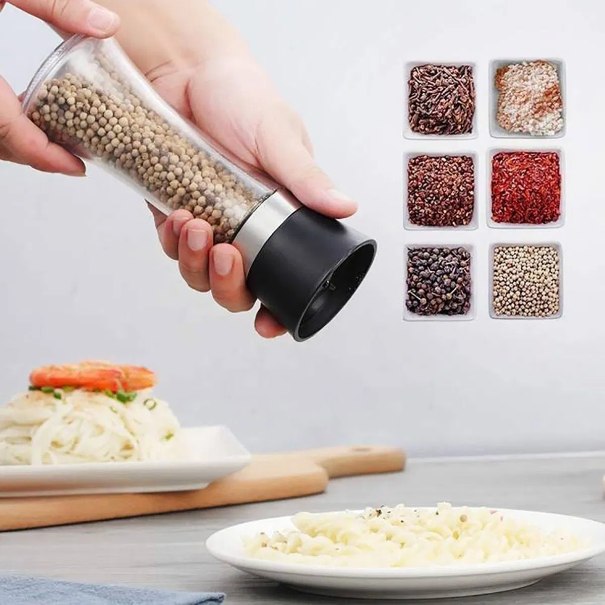 50g 80g 100g 120g 180g 200g 300g 500g Premium 304 Conjunto de Frascos de Especiarias de Vidro em Aço Inoxidável com Moedor Manual Ajustável de Sal e Pimenta Moedor de Pimenta Moinho de Vidro
