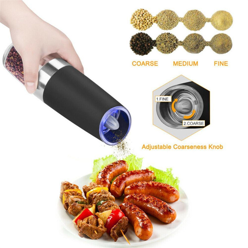 Moedor de pimenta e sal elétrico com coarseness ajustável, alimentado por bateria, para operação automática com uma mão