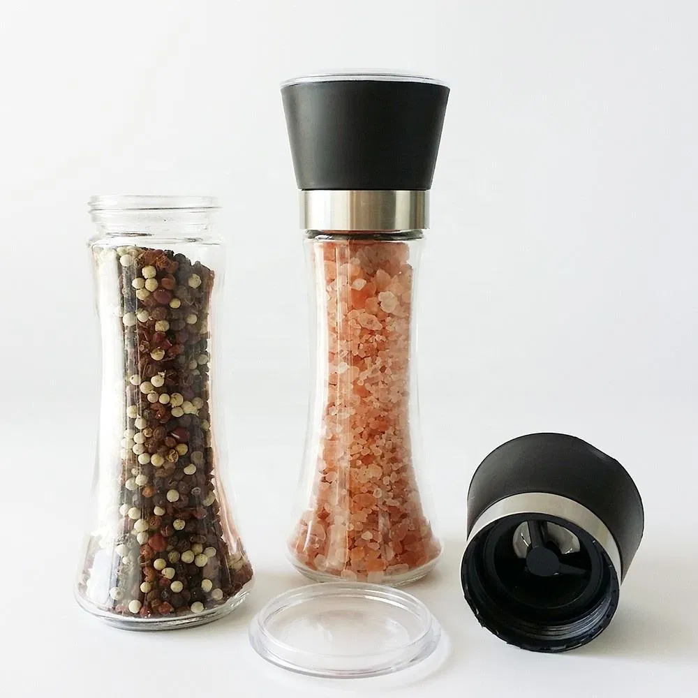 Frasco de vidro para ervas de cozinha barato com tampa de plástico, moedor manual ajustável de sal e pimenta