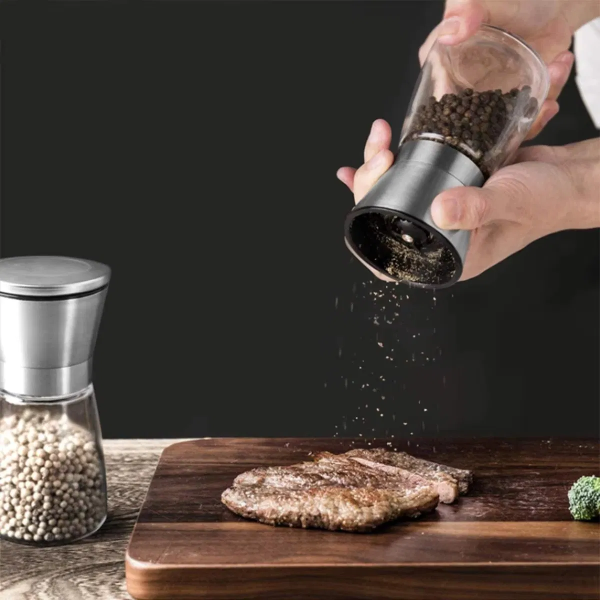 Manual de Cozinha Moedor de Ervas e Especiarias Recipiente para Especiarias Dosador Ajustável de Cerâmica para Sal e Pimenta Conjunto com Base