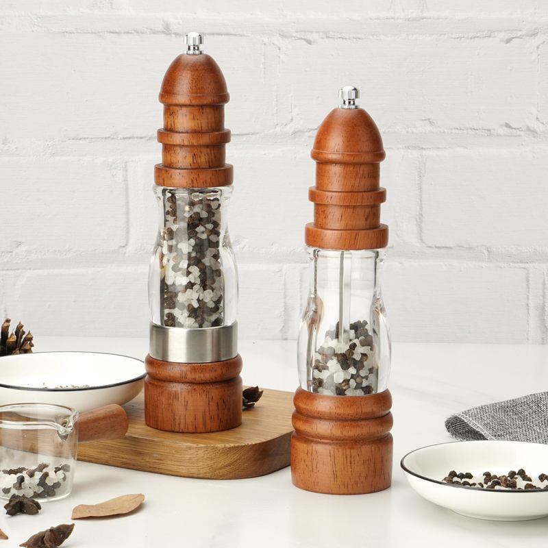 Wood Manual Pepper Grinder Refillable Salt and Pepper Mills, Salt Grinder Visible Adjustable Ceramic Grinding