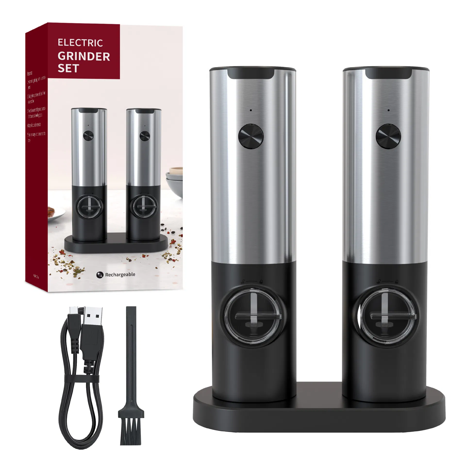Moedor de pimenta elétrico recarregável USB único ou em conjunto, moinho de sal em ABS e aço inoxidável com escova