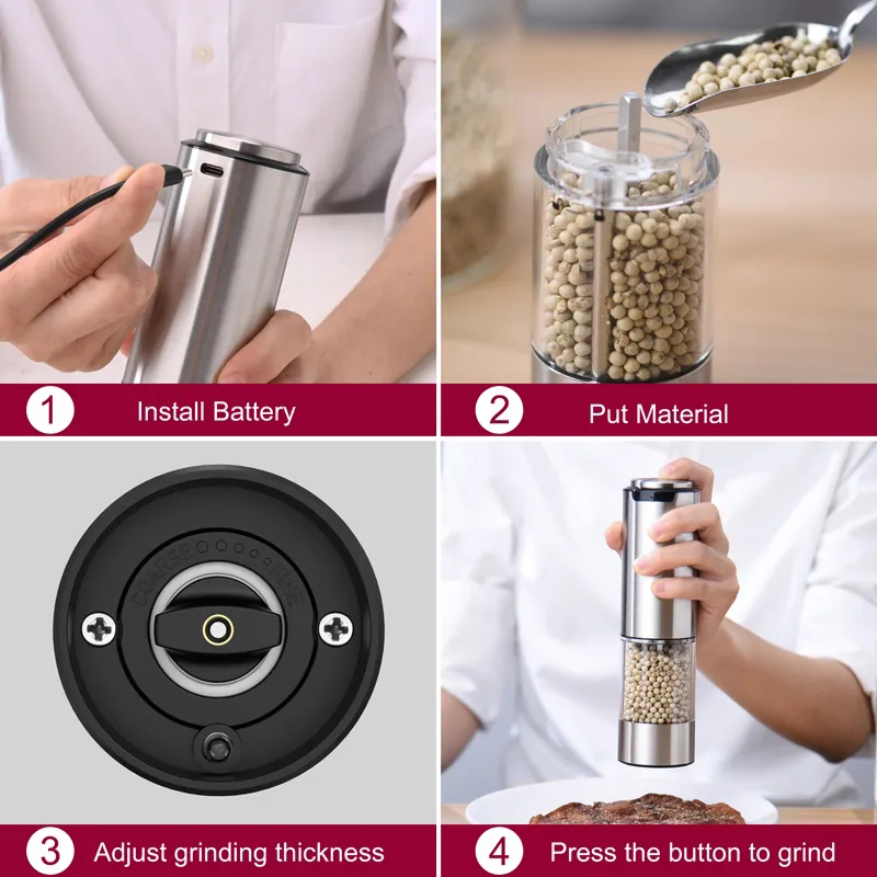 Moedor Elétrico de Sal e Pimenta USB Carregado de Grande Capacidade 95ml com Luz LED Ferramentas de Cozinha Moinhos de Especiarias e Ervas