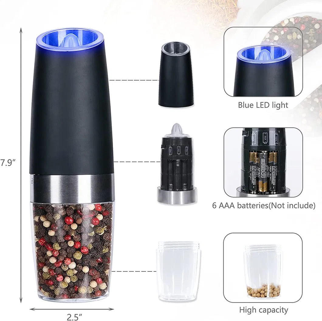 Conjunto de Moedores de Sal e Pimenta Elétricos de Gravidade em Aço Inoxidável Preto com Luz Azul