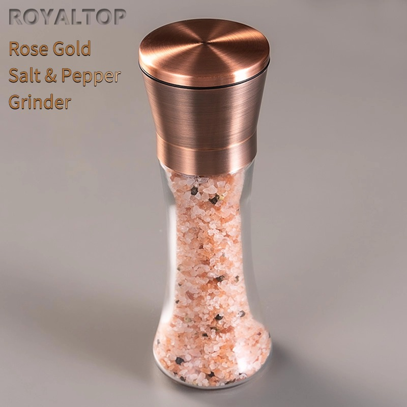 Conjunto de moedores de sal e pimenta com frasco de vidro alto, moedor de cerâmica para pimenta em rosa dourado, recarga em bulk e ajuste de grossura