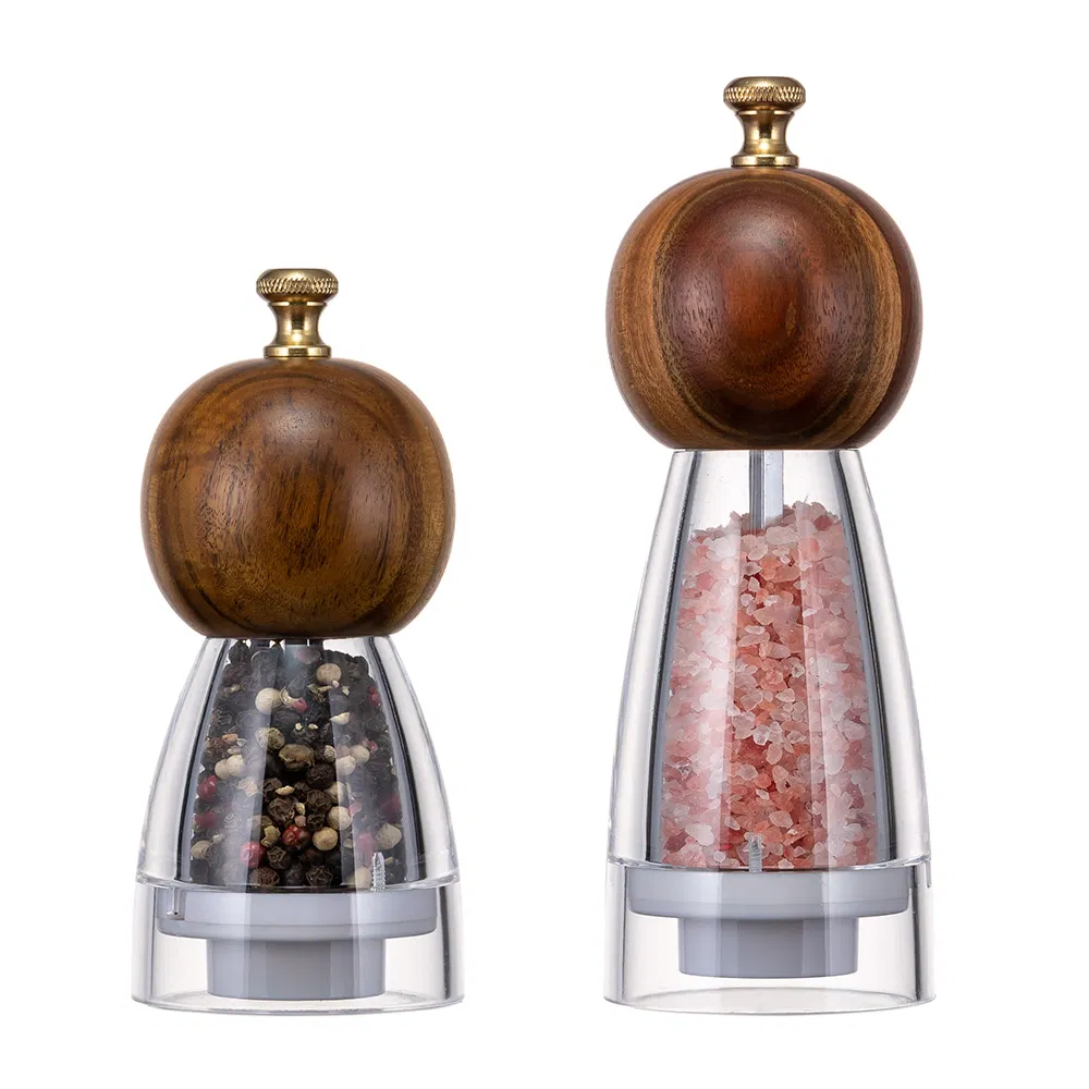 Conjunto de moedores de sal e pimenta ajustáveis manuais de plástico acrílico transparente reutilizáveis da Amazon com tampa de madeira