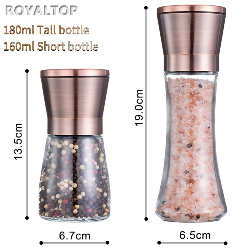 Conjunto de moedores de sal e pimenta com frasco de vidro alto, moedor de cerâmica para pimenta em rosa dourado, recarga em bulk e ajuste de grossura