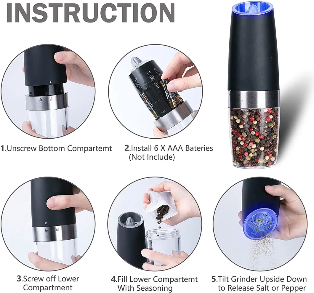 Conjunto de Moedores de Sal e Pimenta Elétricos de Gravidade em Aço Inoxidável Preto com Luz Azul