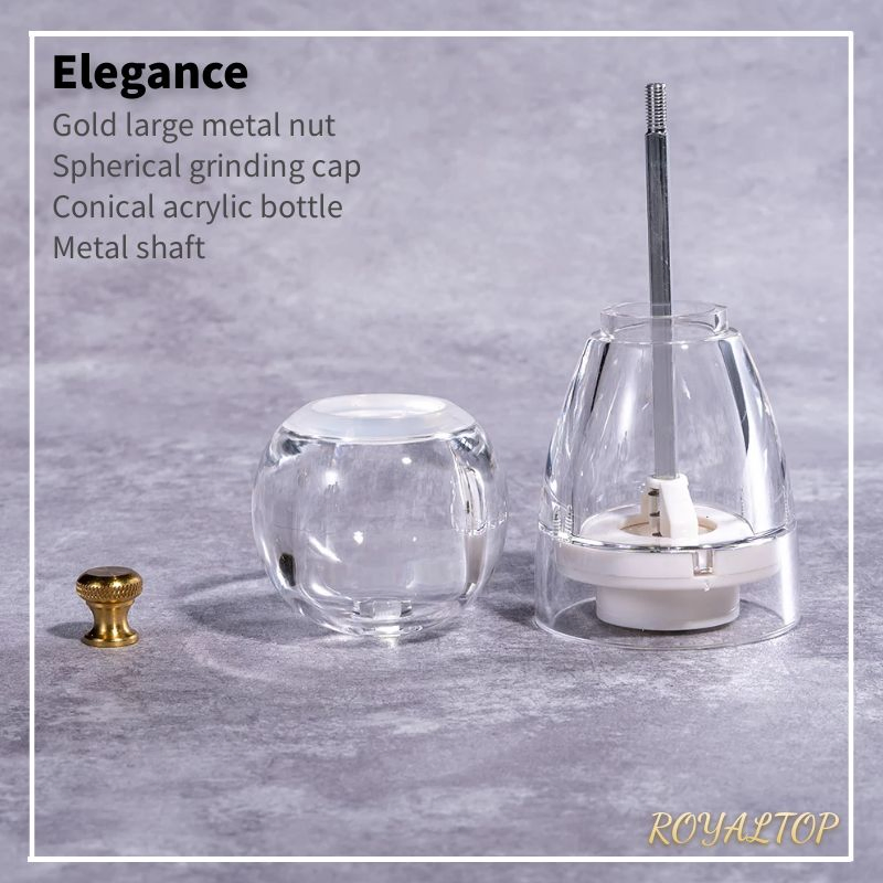 Moedor de Especiarias Plástico Cônico Transparente em Acrílico com Mecanismo de Moagem Cerâmico Branco Ajustável para Sal e Pimenta