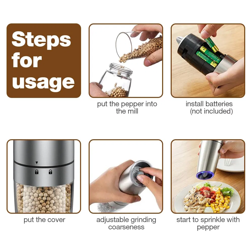 Electric Salt Pepper Grinder Set Battery Operated Automatic Spice Mill LED Light