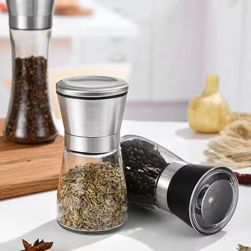 Conjunto de Moedores de Sal e Pimenta Ajustáveis de Alta Qualidade Atacado Moedor de Especiarias de Cerâmica Manual Moedor de Metal Transparente para Sal e Moedor de Pimenta