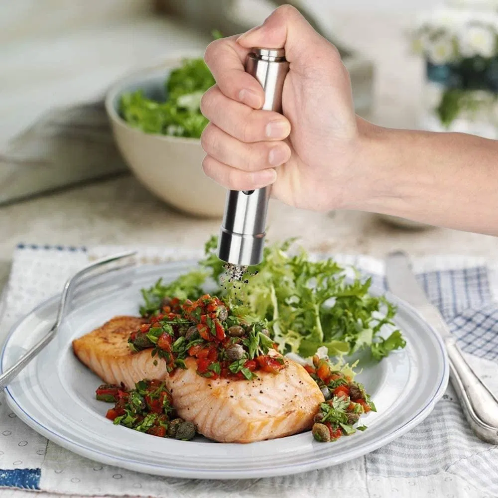 Moedor de Especiarias Mini Manual Premium com Botão de Pressão em Aço Inoxidável para Sal e Pimenta para Cozinhar