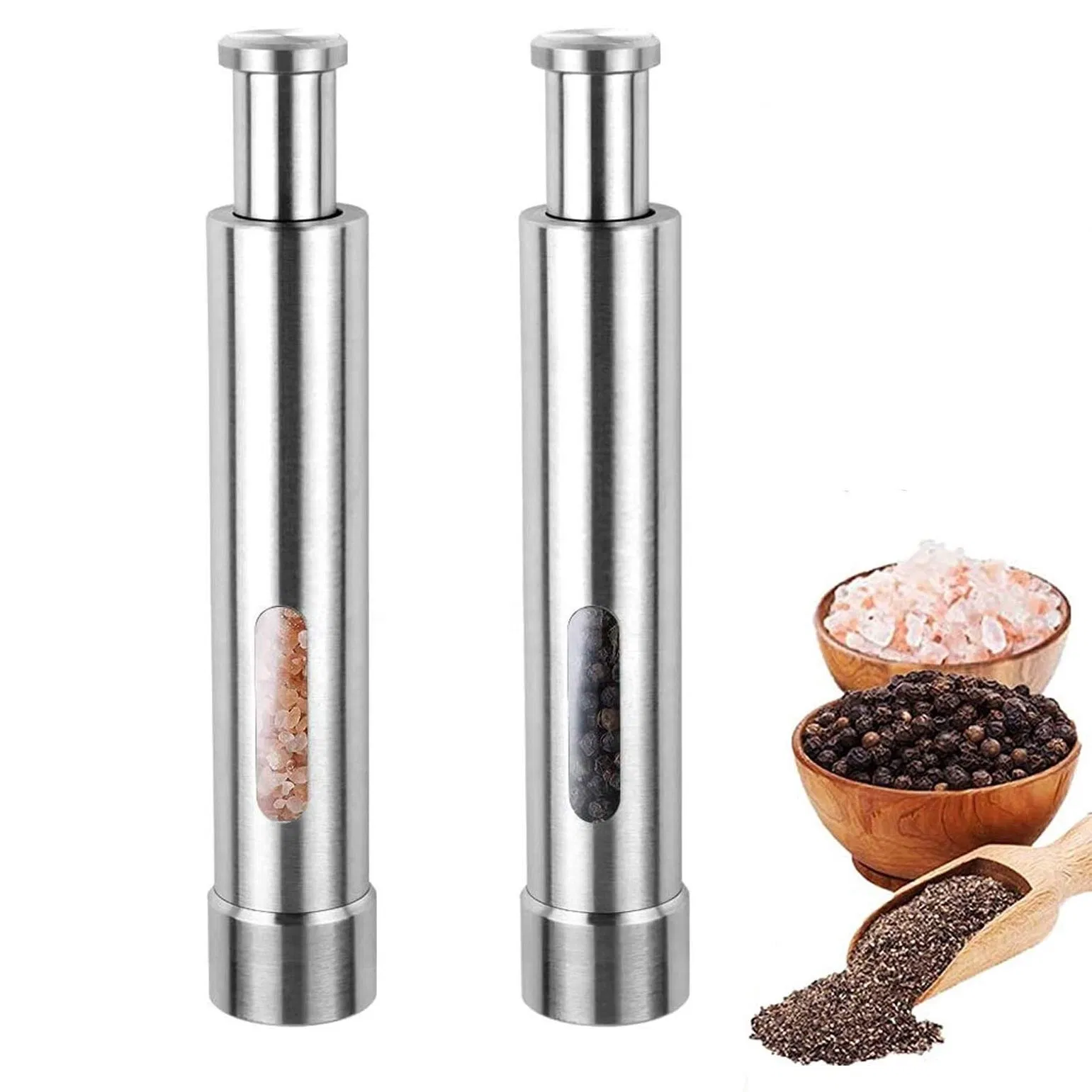 Moedor de Especiarias Mini Manual Premium com Botão de Pressão em Aço Inoxidável para Sal e Pimenta para Cozinhar