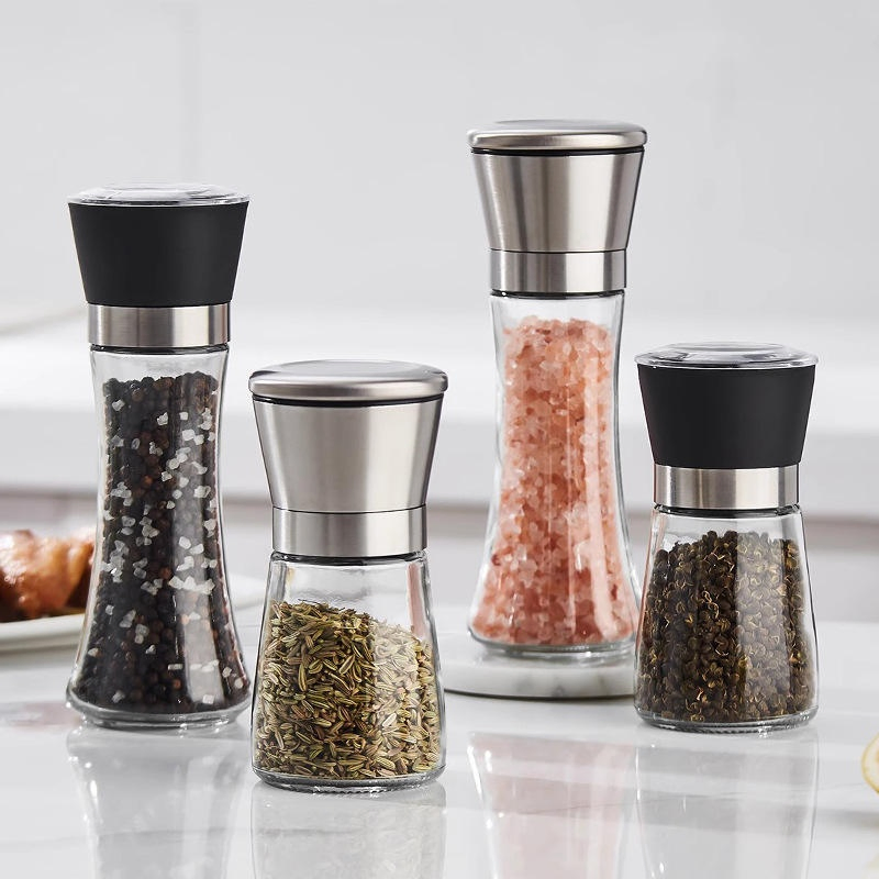 50g 80g 100g 120g 180g 200g 300g 500g Premium 304 Conjunto de Frascos de Especiarias de Vidro em Aço Inoxidável com Moedor Manual Ajustável de Sal e Pimenta Moedor de Pimenta Moinho de Vidro