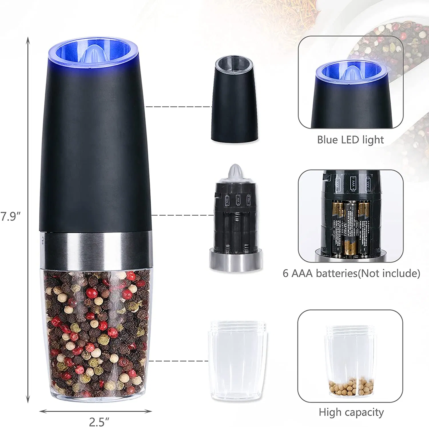 Conjunto de Moedores de Sal e Pimenta Elétricos de Gravidade em Aço Inoxidável Preto com Luz Azul