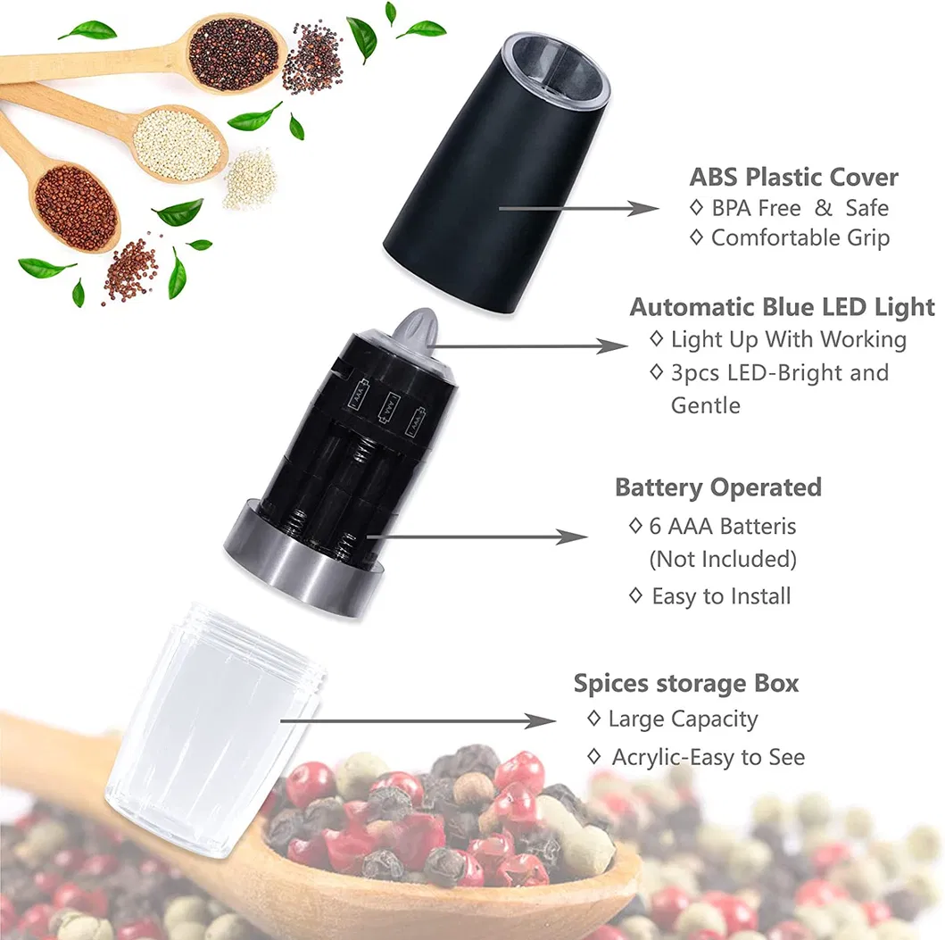 Conjunto de Moedores de Sal e Pimenta Elétricos de Gravidade em Aço Inoxidável Preto com Luz Azul
