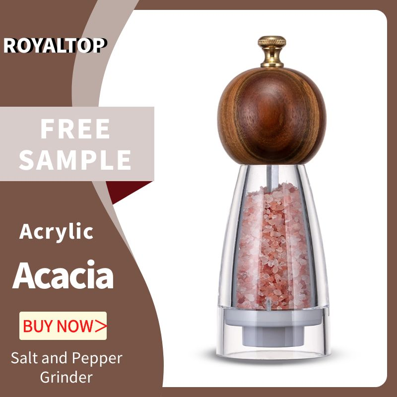 4in 6in 8in Conjunto de Moedores de Sal e Pimenta em Acrílico com Tampa de Madeira de Acácia Esférica