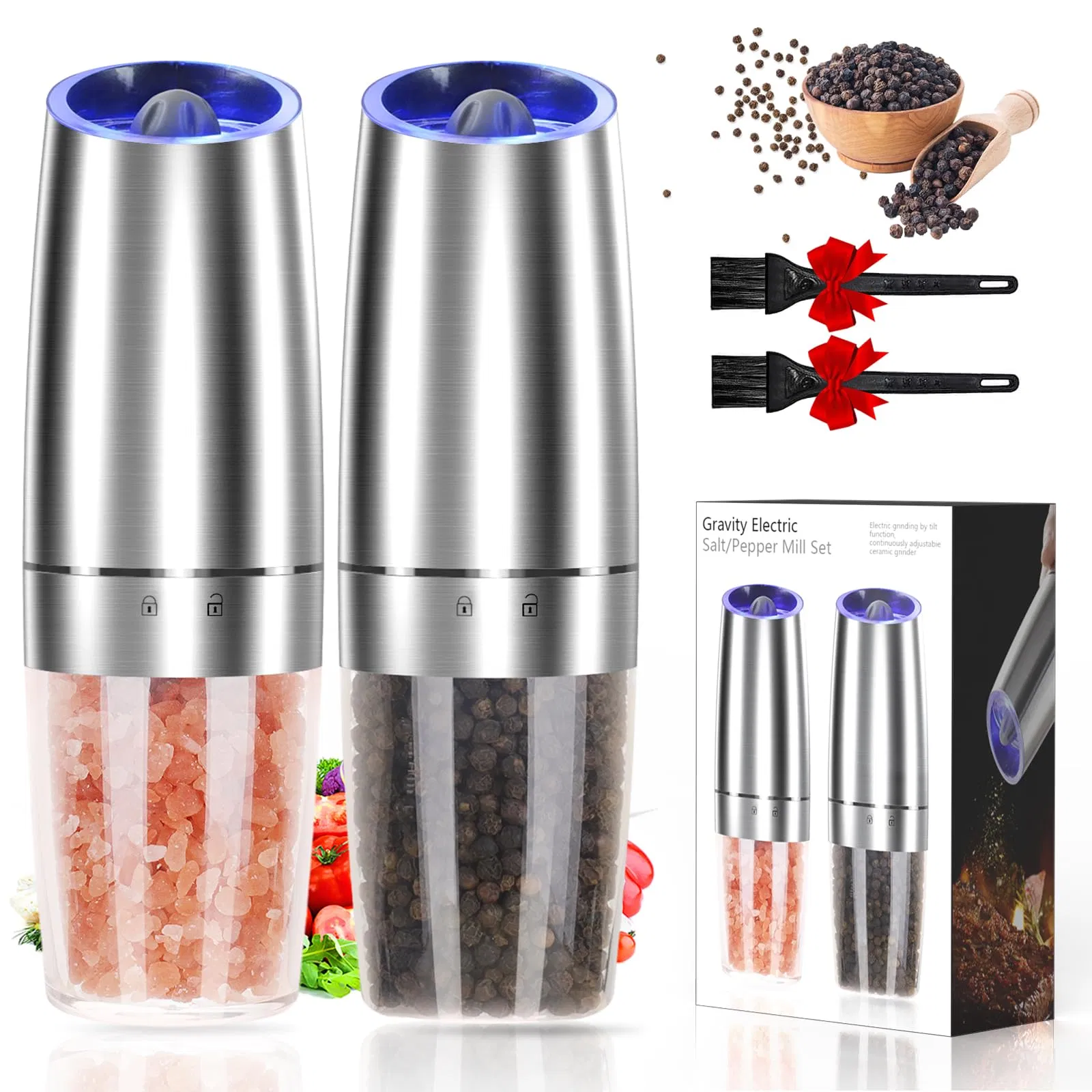 Electric Salt Pepper Grinder Set Battery Operated Automatic Spice Mill LED Light