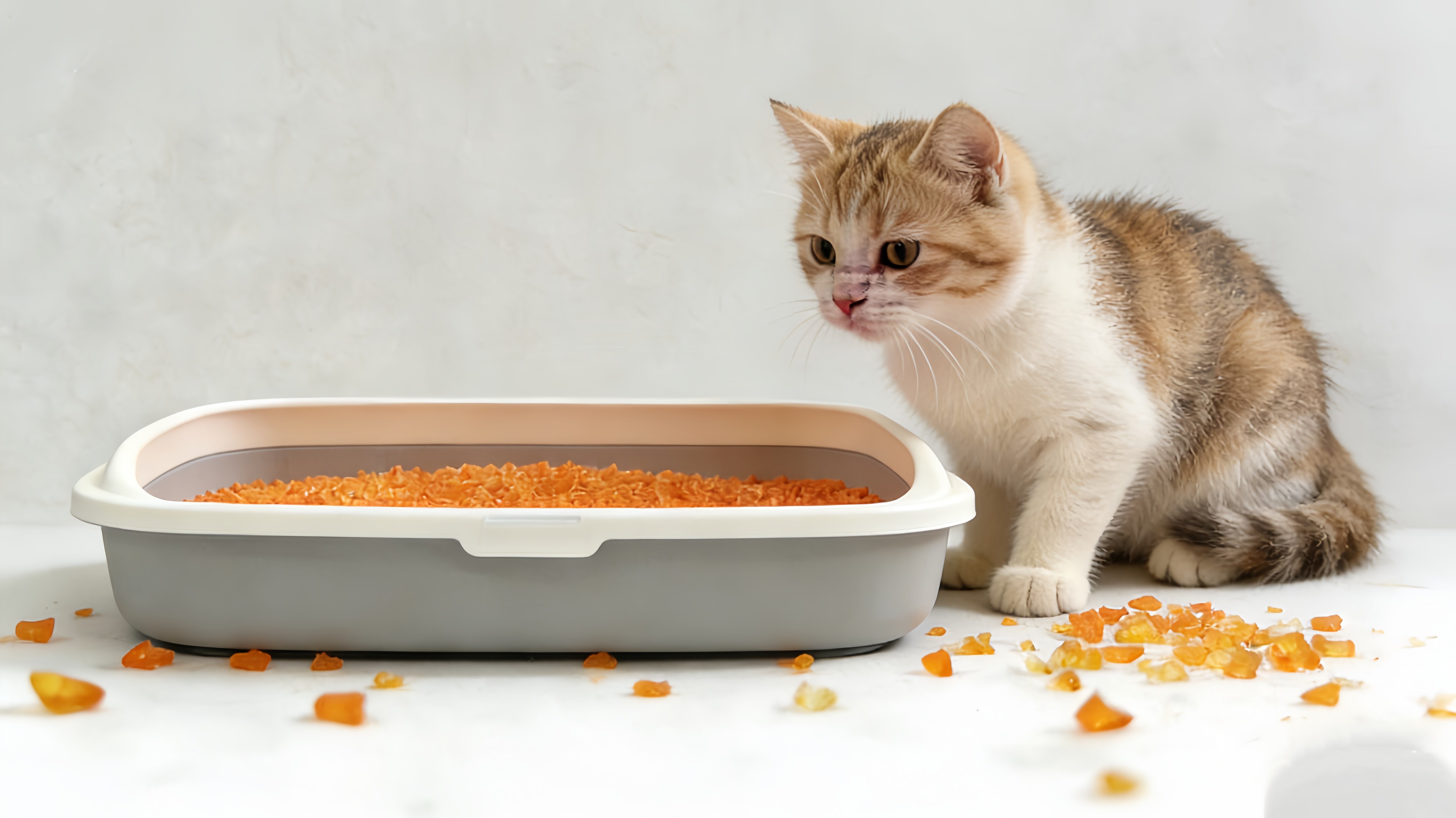 The orange crystal cat litter shows a noticeable color change after use