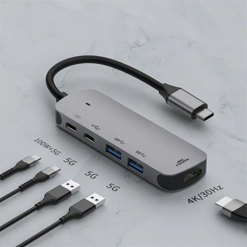 Custom 5 in 1 USBC Docking Station, USB C Plug to USBA 3.2 Gen1 x 2 + USBC 3.2 Gen1 x 1 +USBC 3.2 Gen1 & PD100Wx 1+ HDMI 4K/30Hz x 1 WG505E Manufacturers, Suppliers