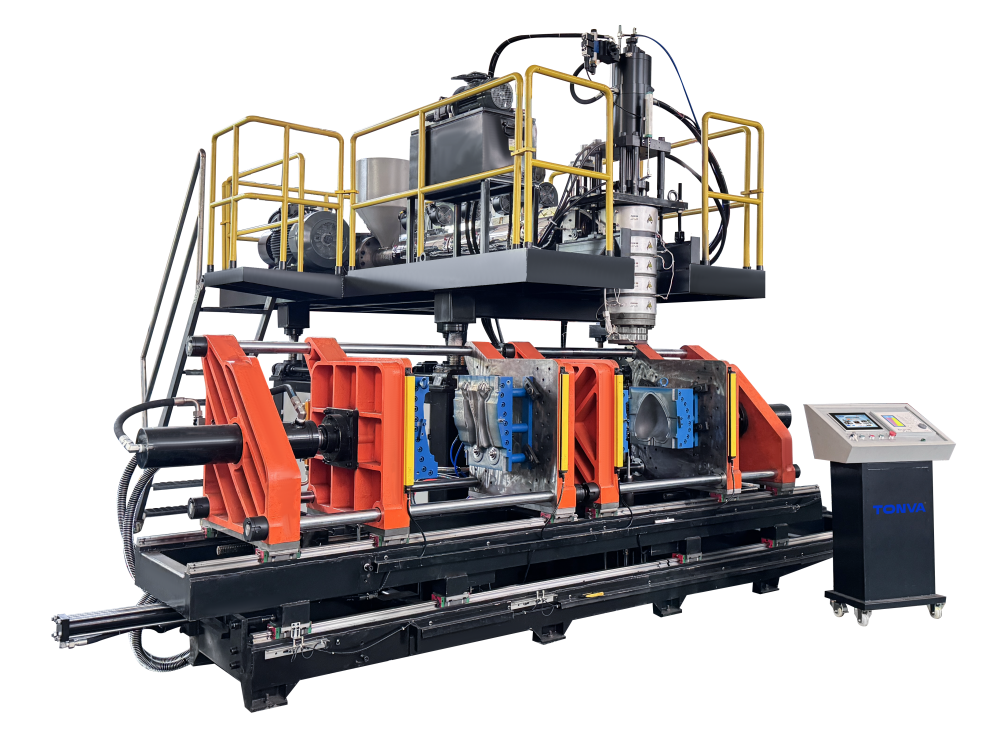 Máquina de extrusión-soplado con acumulador y doble estación