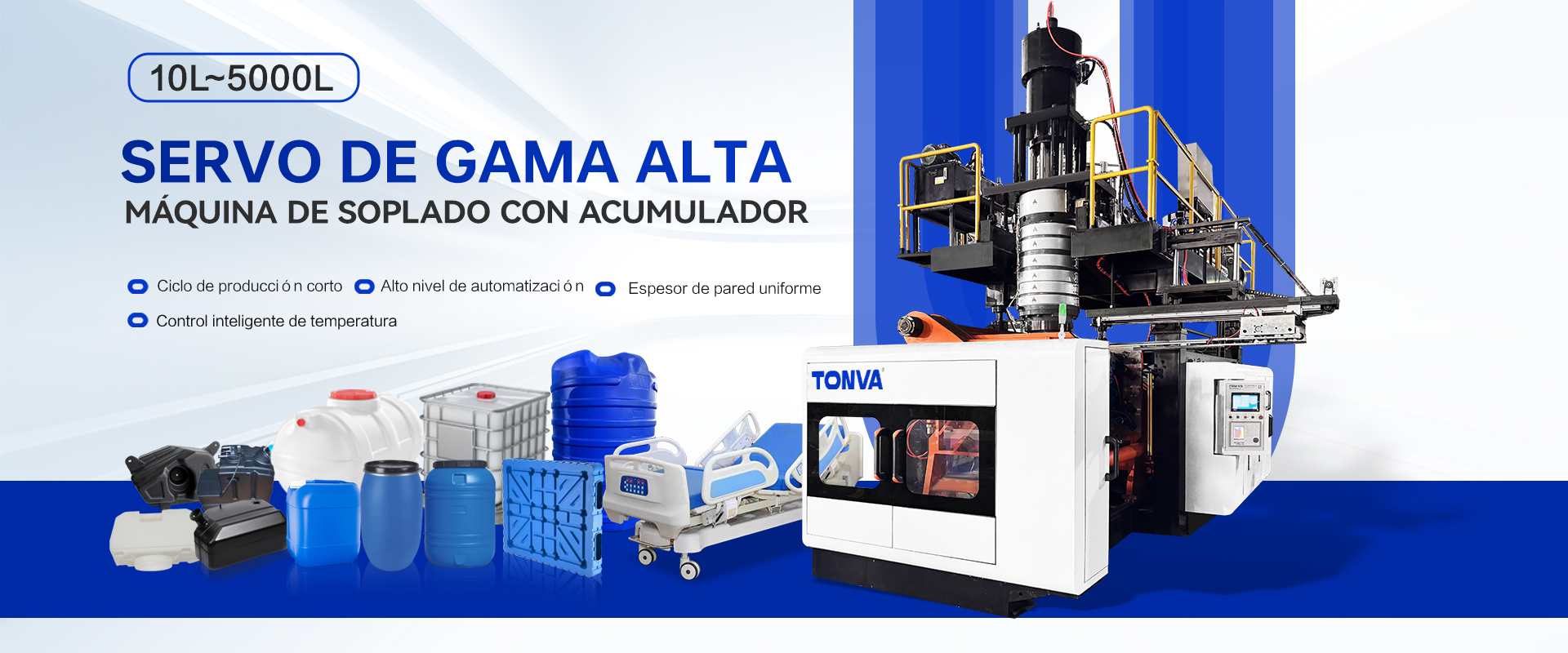 Gama de máquinas de moldeo por soplado TONVA para envases y piezas huecas