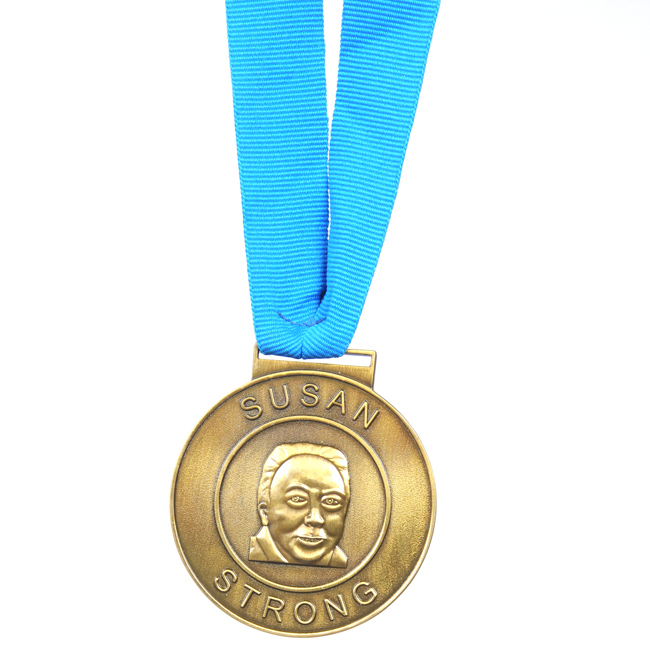 China Factory Custom Made Antique Brass Plated Metal Alloy 3D Human Figure Portrait Craft Commemorative Souvenir Medallion Customized Blue Ribbon Medal Trophy