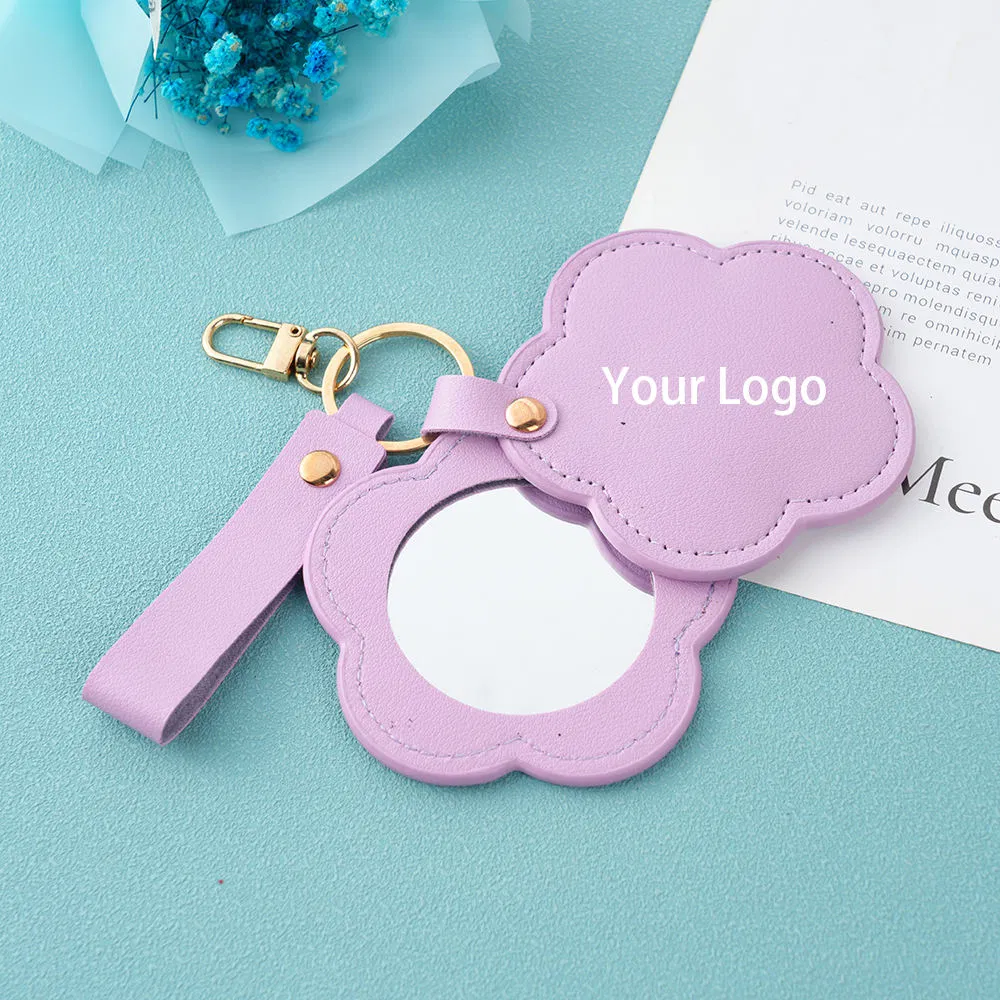 New Flower Shape Pocket Makeup Mirror Portable PU Leather Travel Hand Mirror Logo Custom with Metal Keychain
