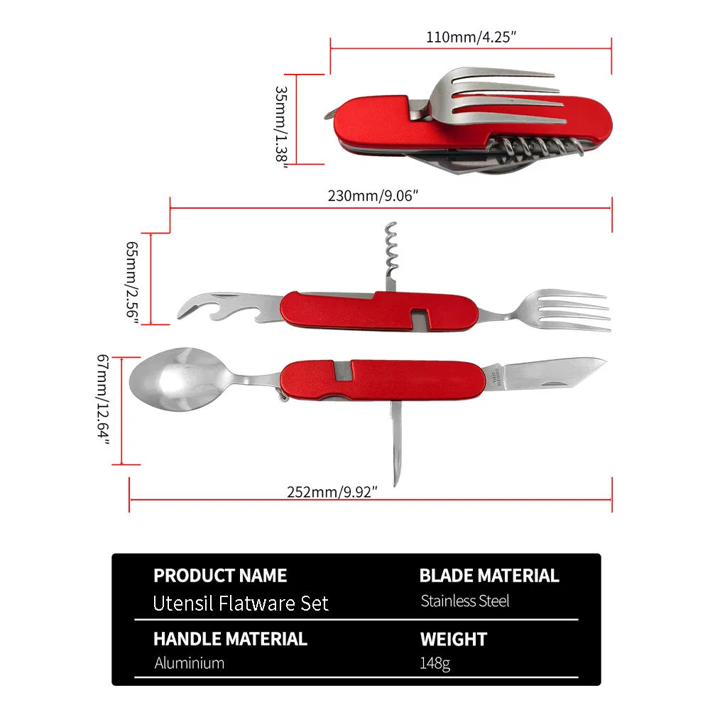 6-in-1 Multi-Function Camping Combo Mess Kit Detachable Spoon Fork Knife Utensil Flatware Set with Carrying Pouch
