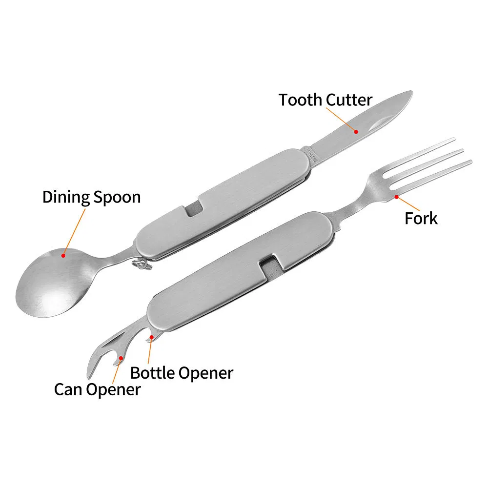 4-in-1 Multitool Camping Utensil Flatware Set Detachable Spoon Fork Knife Combo Mess Kit with Carrying Pouch