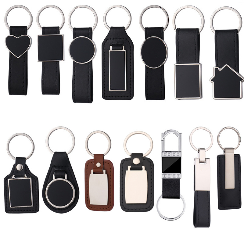 Wholesale PU Leather Keychain Laser Logo Blank Keyring Car Gift Metal Keychain