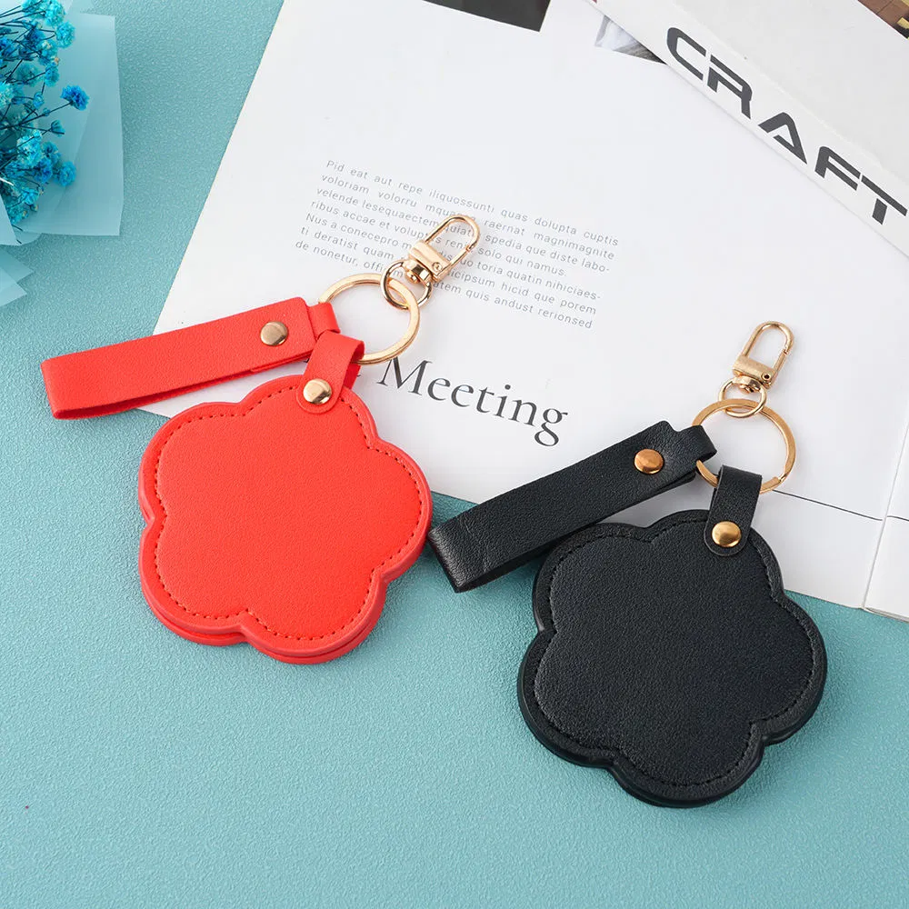 New Flower Shape Pocket Makeup Mirror Portable PU Leather Travel Hand Mirror Logo Custom with Metal Keychain