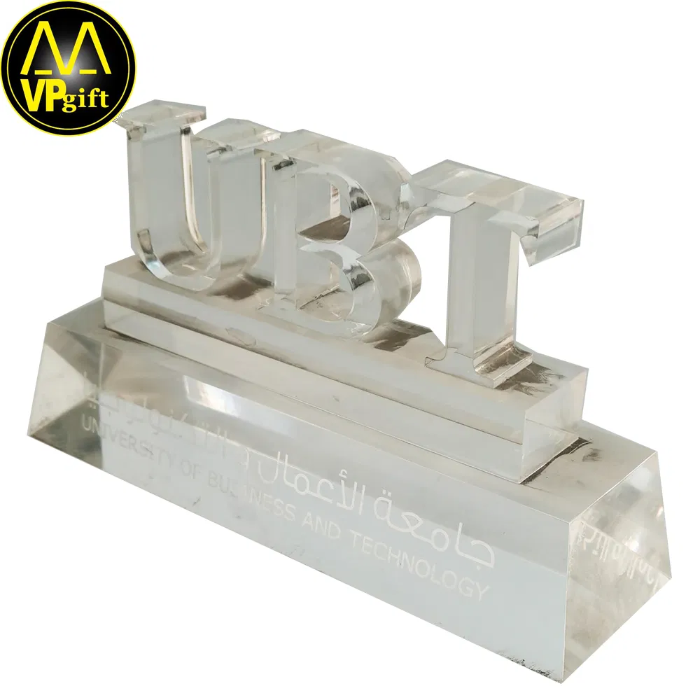 China Customer Design Logo Awards Trophy Plastic Crystal Acrylic Company Name Logo Table Souvenir Medal