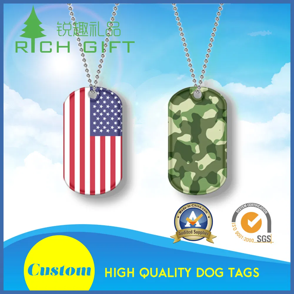 Promotional Gift China Manufacturer Custom Stainless Steel Name ID Metal Iron Stamped Printing USA Country Flag Logo Camouflage Dog Tag with Chain