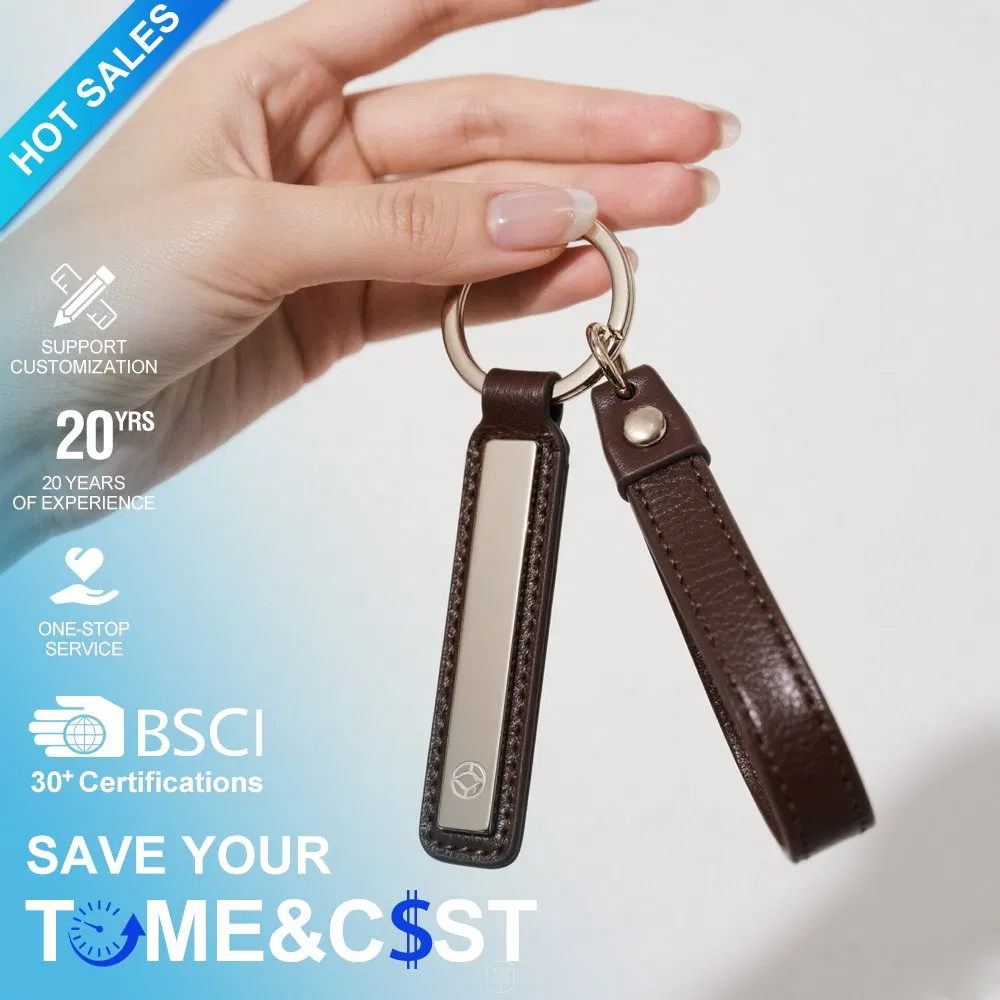 Manufacture Custom Label Logo Real Blank Metal Circle Leather Loop Key Chain Genuine Luxury PU Leather Key Chain