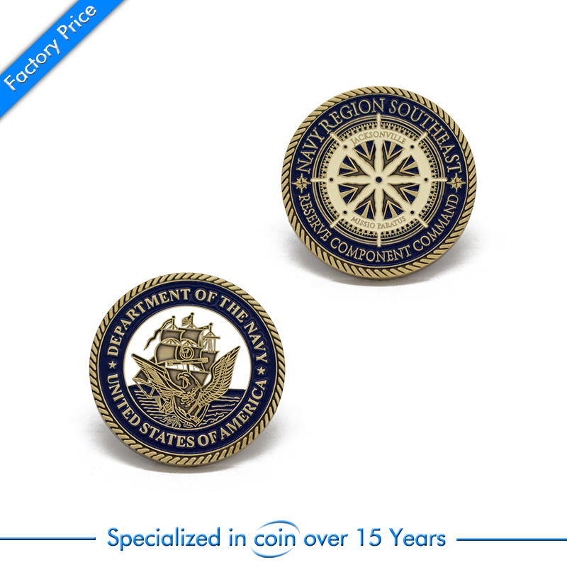 Custom Flag Logo Folk Style Arts and Metal Enamel Antique Brass Shield Shape Coin for Souvenir