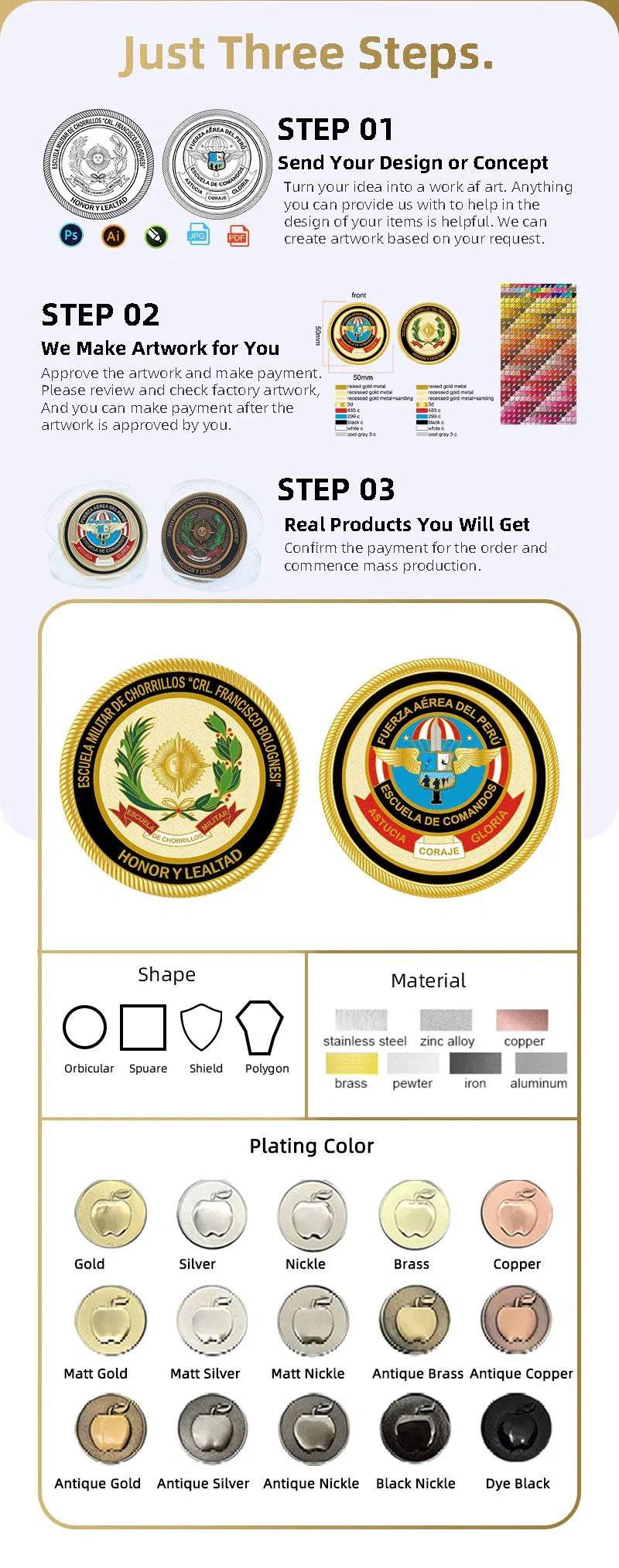 Manufacturer Custom 3D Soft Hard Enamel Metal Engraving Metal Medal Crafts 3D Challenge Coins Maker