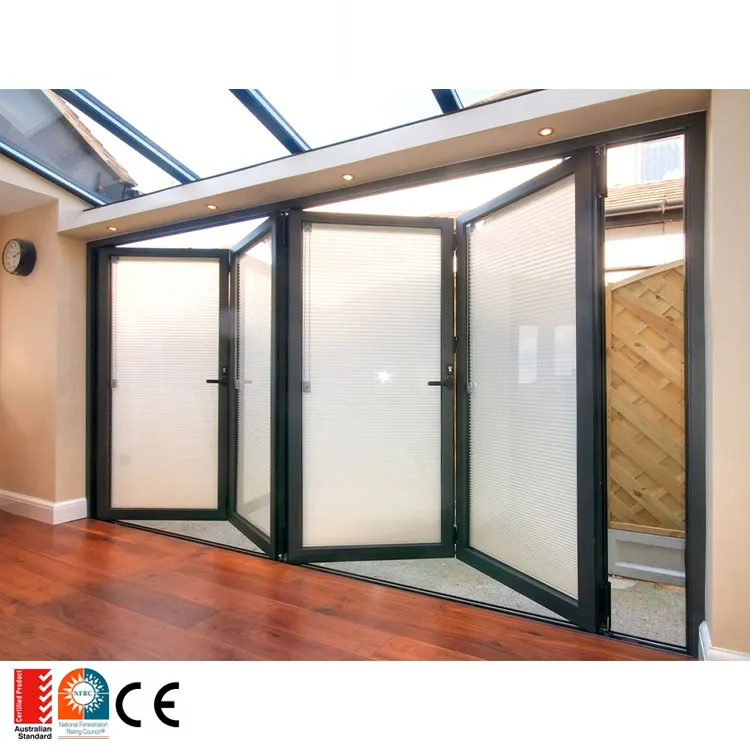 Custom Size Aluminium Frame Bi-Folding Door with Three Panels with Built-in Blind Retractable Available