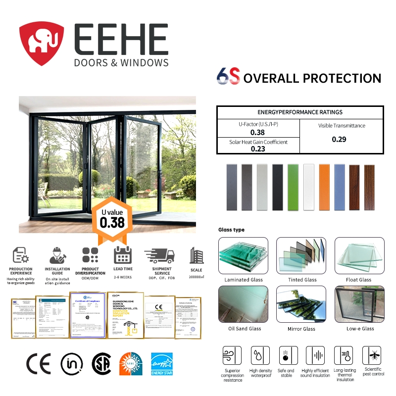 Eehe Architectural Aluminium Powder Coated Bifold Doors with for Large Openings Low Maintenance Nfrc for Hotel Facades