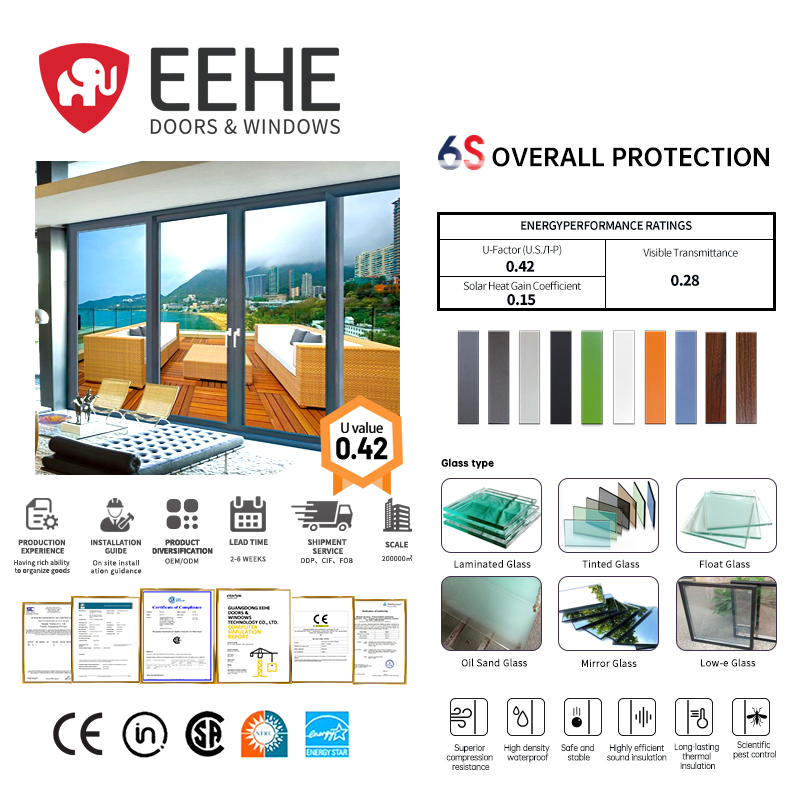 Eehe Weatherproof Aluminium Section Sliding Door with Quality Patio Insulated Glass Factory Direct Supply Low Maintenance Finish