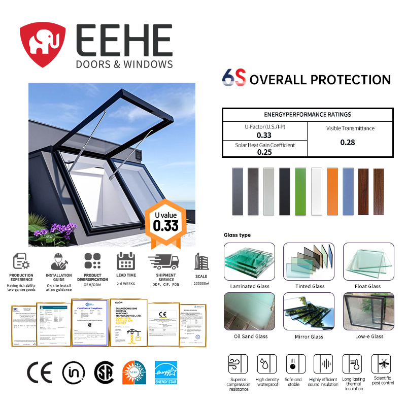 Eehe High Performance Aluminum Roof Window with Factory Direct Supply for Sound Insulation with Argon Filled Glass CE Certified