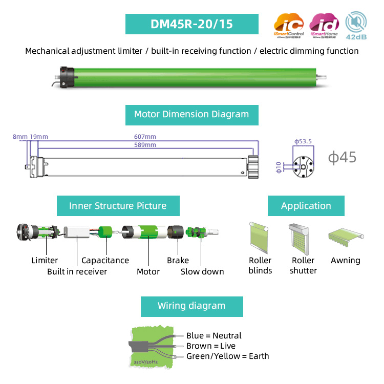 DM45R-20/15 45mm Electric Tubular Motor for Interior Roller Blind Shutter Outdoor External Window Automatic Retractable Awnings
