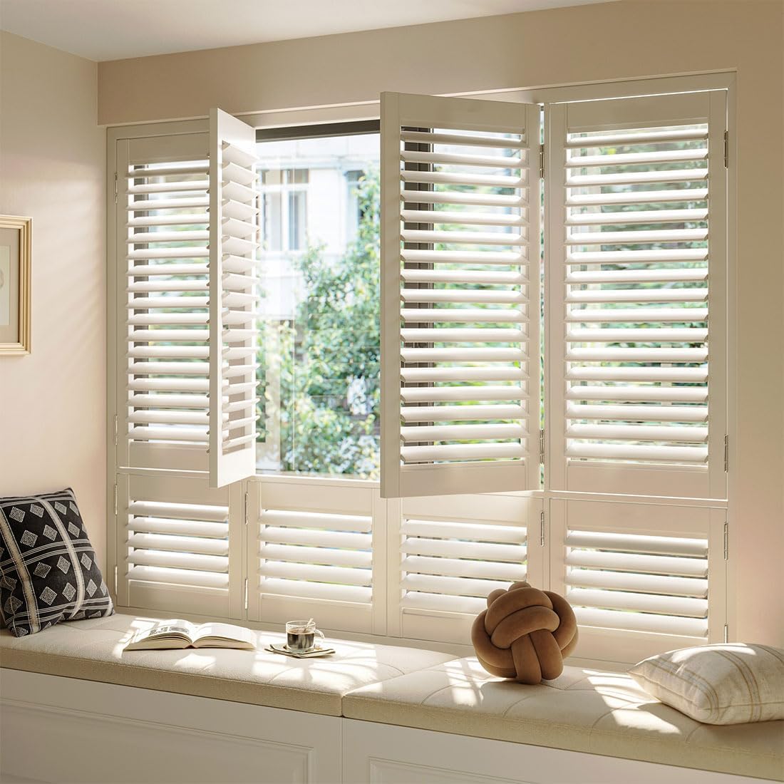 Real Solid Basswood Plantation Shutters Adjustable Louvers Windows Cordless Safe Custom Fit Easy Install Perfect Light Control