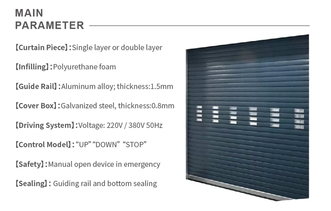 Commercial Sliding Thermal Insulated Industrial Roller Shutter Roll up Curtain PU Sandwich Panel Manual or Motor Driving Security Residential Metal Residential
