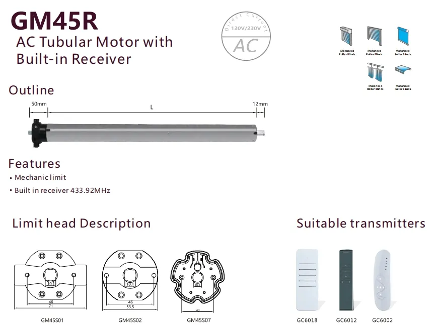 AC Tubular Motor Specifications chart