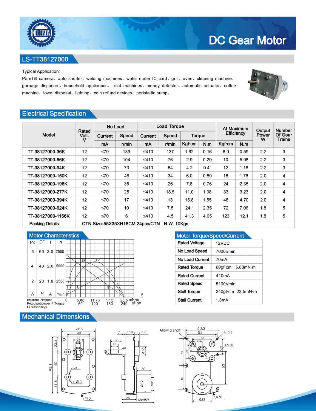 Tt38 5n. M Low Rpm DC Gear Motor